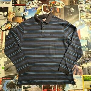 Patagonia Mens Long Sleeve Polo Shirt Organic Cotton Striped Navy Blue Size M
